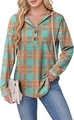 Detail of V-neck button closure and drawstring hood on orange teal plaid hoodie - S / Orange Red
