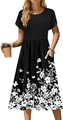 Floral short sleeve dress in black with white print, crew neck and petal sleeves - Black Printed