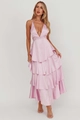 Detailopname van de lagen op deze roze satijnen maxi-jurk met een diepe V-halslijn - S / Roze