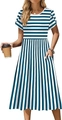 Short sleeve mid-length dress with blue and white striped pattern and petal sleeves - Blue White Striped