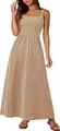 Elegante beige ruitjes maxi-jurk met vierkante hals en dunne bandjes voor zomer - S / camel