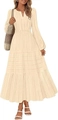 Beige V-neck long sleeve tiered maxi dress with elastic waist and striped texture - S / Off White