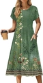 Dark green A-line dress with floral prints, petal sleeves, and practical side pockets - Dark Green Paisley