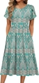 Short sleeve paisley print dress in lake blue with side pockets and a-line cut - Lake Blue Paisley