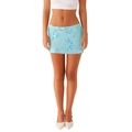 Close-up of light blue mini skirt featuring intricate floral embroidery and sequins - S / Bottoms / Blue