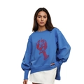 Detail eines blauen Oversize-Sweatshirts mit rotem Hummer-Print und langen Rippbündchen - S / Blau (Hummer-Druck)