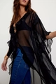 Detailed view of black sheer mesh layers and ruffled edges on this bohemian-style cardigan - S / Tops / Black