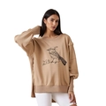 Detail eines khakifarbenen Sweatshirts mit Vogel-Print und Rippstrickbündchen - S / Braun (Vogel Illustration Druck)