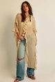 Detail of elegant ruffled peach chiffon long cardigan with layered sheer texture - S / Tops / Khaki