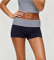 Detail of the fold-over striped waistband on navy blue athletic shorts for women - S / Dark Blue