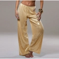 Détail du pantalon large à paillettes dorées avec taille haute élastique et cordon de serrage - Jaune