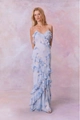 Lichtblauwe chiffon maxi-jurk met bloemenprint, gelaagde ruches en een V-hals - S / Hemelsblauw