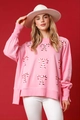 Detalle de sudadera rosa de Navidad con estampado de bastones y dobladillo con abertura - S / Rosa