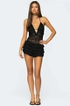 Schwarzes Spitzen-Neckholder-Kleid für Damen mit tiefem V-Ausschnitt und mehrlagigem Stufenrock - S / Schwarz