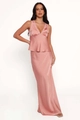 Close-up of the delicate lace trim on the V-neck satin top in elegant dusty pink - S / Pink