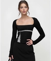 Detail of square neck T-shirt featuring silver chain trim and delicate lace stitching - S / Black