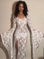 Detail of white rose lace fabric with sheer texture and flared sleeves on a slim dress - S / Top And Bottom / White
