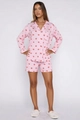 Close-up of pink long-sleeved pajamas with red lip prints and button-down collar - S / Top And Bottom / Pink 1