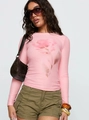 Detail of slim fit pink long sleeve top with floral print and crew neck design - S / Pink