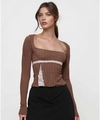Detailed view of the brown knit top featuring white lace trim and metal chain on the square neck - S / Brown