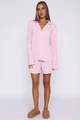 Detail view of pink pajamas set with heart patterns showing the button-down front and pocket - S / Pink Heart