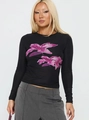 Detail of floral print on black slim fit long sleeve tee featuring purple lily pattern - S / Black