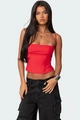 Detailed close-up of a red corset-style tank top with square neckline and thin straps - S / Tops / Red