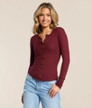 Close-up of wine red waffle knit long sleeve top with button-up detail and slim fit - S / Tops / Dark Red