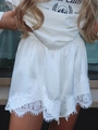 Women's ivory satin lounge shorts with white eyelash lace trim and vintage graphic - S / White