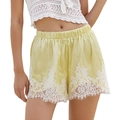 Women's light yellow satin shorts with white floral lace trim and elastic waistband - S / Yellow