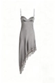 Detail of grey satin dress showing fine lace hemline and asymmetric cut for women - S / Gray