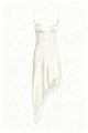 Detail of elegant satin slip dress with delicate lace trim and asymmetrical hemline - S / White