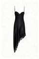 Detail of black satin camisole dress featuring lace trim and asymmetrical hemline - S / Black