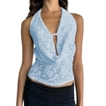 Top a fascia in pizzo azzurro con scollo a V profondo e ricamo boho crochet - Taglia S / Blu