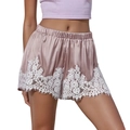 Dusty pink satin shorts with white eyelash lace trim and elastic high waist for women - S / Pink