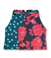 Halter neck sleeveless tops in green polka dot and red floral prints with snap buttons - S / Tops / Black