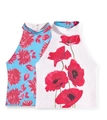 Halter neck sleeveless tops featuring light blue floral and white poppy print patterns - S / Tops / Blue