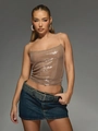 Sparkly champagne sequin camisole top paired with denim skirt for party clubwear - S / Tan