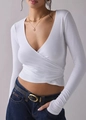 Slim fit white long sleeve V-neck top for women with elegant wrap design and knit fabric - S / White