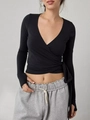 Women's black V-neck wrap top with waist tie bow and thumb hole long sleeves - S / Black
