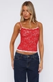 Close-up of red floral lace camisole with white scalloped trim and elastic straps - S / Tops / Red