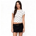 Detail of white short sleeve top with polka dot pattern and slim fit design on a model - S / White