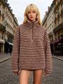 Retro striped lamb wool jacket for girls featuring a half-zip stand collar and loose fit - S / Tops / Brown and Pink Stripes