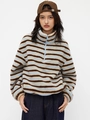 Vintage Streifen-Fleecepullover für Mädchen mit halbem Reißverschluss und Stehkragen - S / Oberteile / Blau-Braun-Beige Horizontaler Streifen (Nr. 4)