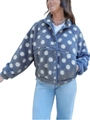 Detail der blauen Polka-Dot Fleecejacke mit Stehkragen und grauen Knöpfen - S / Blau