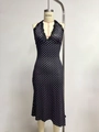 Polka dot halter neck dress with black lace trim and slim fit high waist silhouette - S / Black