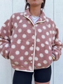 Rosa Fleecejacke mit weißen Punkten, klassischem Kragen und Knopfleiste für Damen - S / Rosa