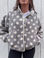Women's grey fleece jacket with white polka dots, stand collar, and snap buttons - Gray