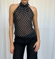Detailed macro shot of the sheer polka dot fabric and halter neckline texture - S / Black