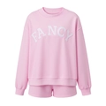 Pink two-piece tracksuit set with FANCY letter print featuring sweatshirt and shorts - S / Top And Bottom / Pink